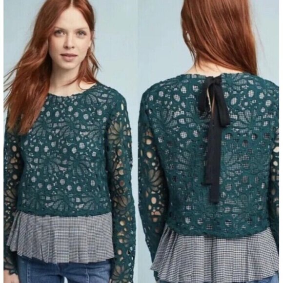 ANTHROPOLOGIE MAEVE Gabriella Gingham Peplum and Green Lace Top Size XS - Picture 1 of 8
